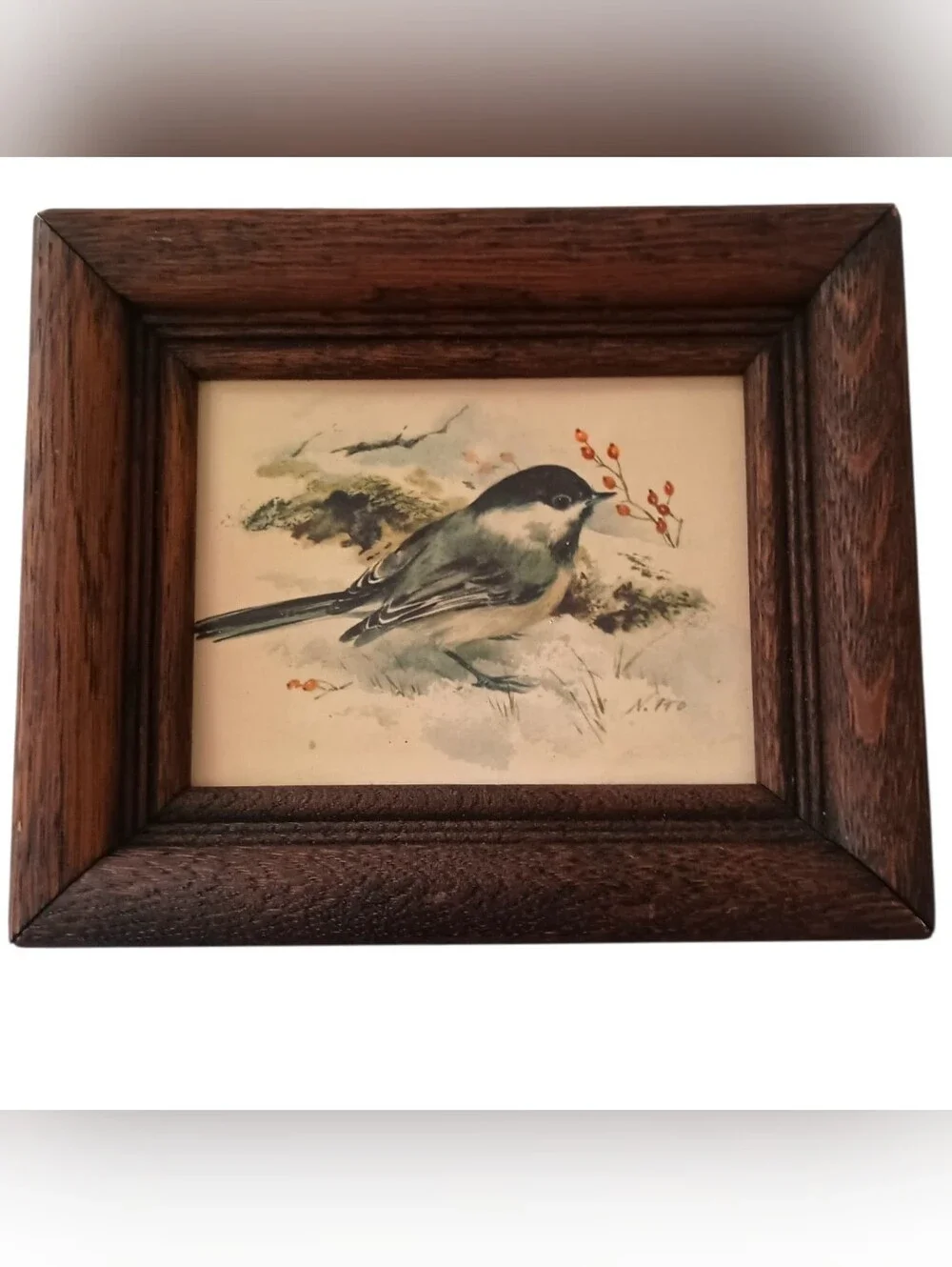 Vtg Mini Framed Chickadee Bird Print Rustic Wood Frame Cottagecore Cabin Decor